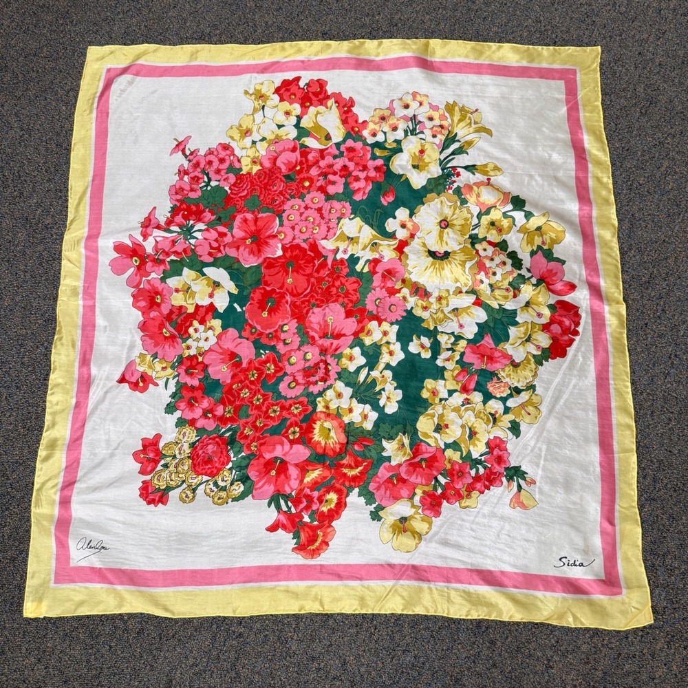 Vintage Sidia 100% Pure Silk Pink & Red & Gold Floral Scarf Beautiful